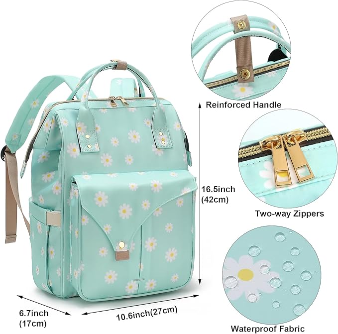 Flowers Laptop Backpack College School Backpack Bookbags Nurse Backpacks Travel Bags for Women Girls Fits 15.6 Inch Notebook (Daisy Green)