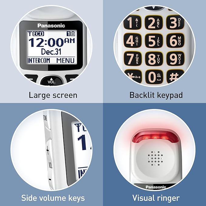 Panasonic Amplified Cordless Phone with Slow Talk, 40dB Volume Boost, 100dB Loud Visual Ringer, Hearing Aid Compatibility, Large Screen and Backlit Keypad - KX-TGM420W - 1 Handset (White)