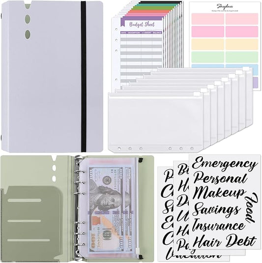 SKYDUE A6 Money Saving Binder, Budget Binder with Cash Envelopes, Savings Book with 12pcs Expense Budget Sheets and Sticky Labels Purple