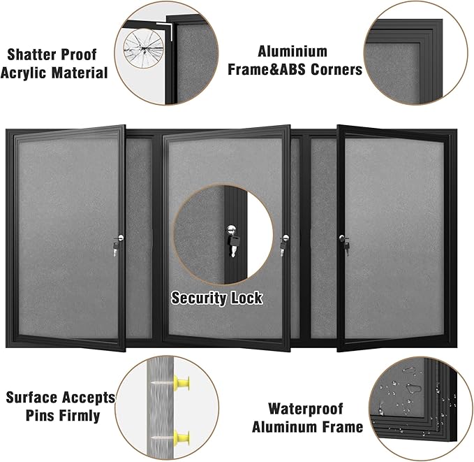 70"x34" Enclosed Bulletin Board, Outdoor Lockable Weather-Resistant Aluminum Cork Noticeboard for School & Office, Black Frame w/Grey Flet