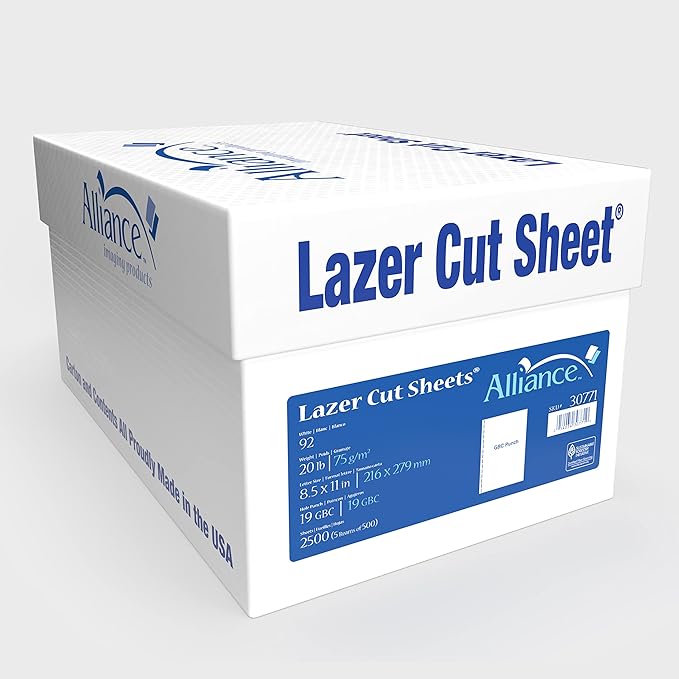 Prepunched Paper Alliance Laser Cut Sheet 19 Hole GBC 8.5 x 11 inch, 20 lb, 92 Bright, 2500 Sheets