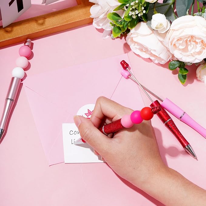 jiebor 30Pcs Valentines Beadable Pens Plastic Bead Pen Black Ink Ballpoint Pens Diy Pens Cute Cool Pens for Teacher Gift Office Supplies