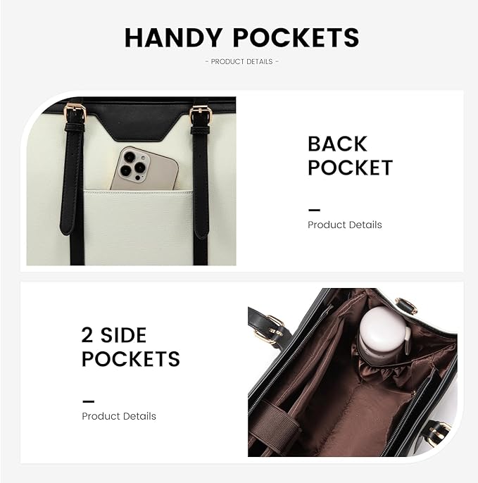 T's Luxury Laptop Tote Bag For Women 15.6 Inch Canvas Bag With Vegan Leather Trim Briefcase Computer Bag With Clutch Purse For Office Business,Travel, Beige and Black.