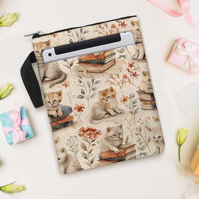 Cat Pattern Book Sleeve Bag Gift for Lovers & Librarians. Padded Book Cover Bag with Zipper & Front Pocket for Paperbacks. Washable Fabric, 11 x 8.5 Inch
