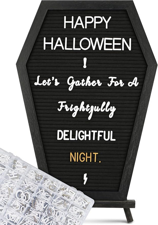 Halloween Coffin Letter Board Black, 725 Pre Cut & Sorted Characters and Wooden Stand, Spooky Wall Decor, Gothic Decor, Spooky Gifts, Halloween Decorations