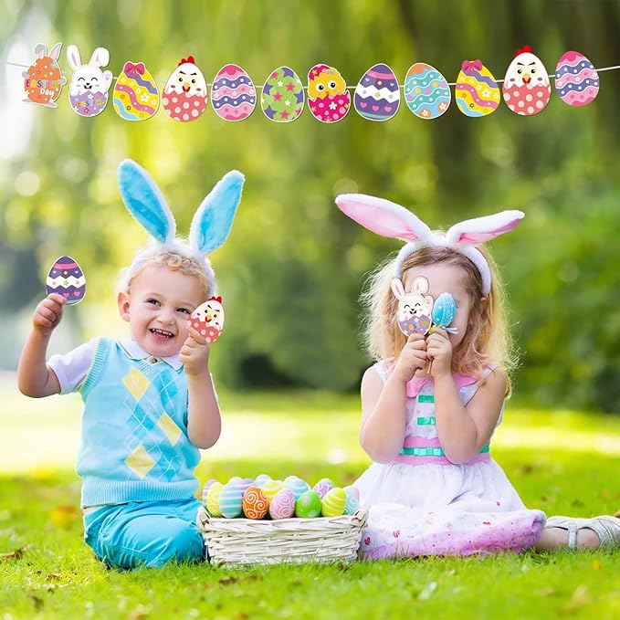 BeYumi 45Pcs Easter Egg Cutouts Bulletin Board Decoration Set Colorful Bunny Chick Decals Stickers DIY Cardstock Paper Cutout Happy Easter Egg Hunt Game Party Supplies Decor for Classroom Bedroom