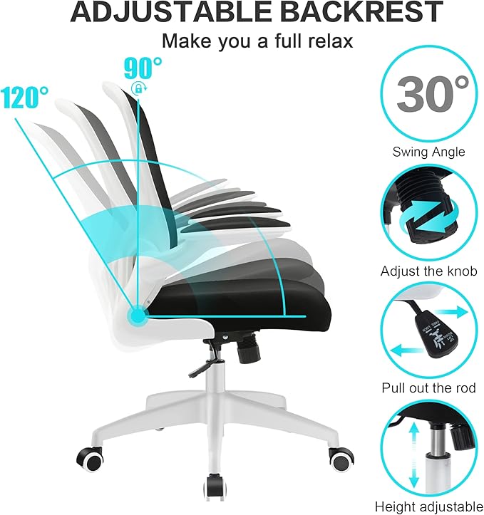 FelixKing Office Desk Chairs, Ergonomic PC Desk Chair with Wheels, Adjustable Lumbar Support and Height, Swivel Computer Chair with Flip-up Armrests, Ergo Mesh Backrest for Working (White)