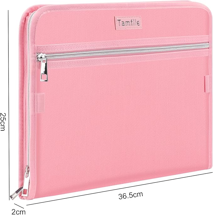 Fireproof Safe Accordion File Organizer Bag Folder,Waterproof Expanding Filing Folder with 14 Pockets, A4 Letter Size, Document Organizer Holder and Color Labels /2 Zipper (Pink 14.3" x 9.8")