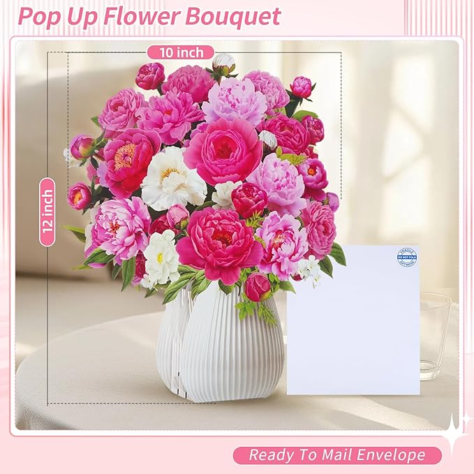 Flower Bouquet Birthday Cards with MUSIC & LIGHTS, 3D Pop Up Greeting Cards, 12 Inch Life Sized Peony Flower Bouquet Mothers Day Cards for Mom Women Sister Daughter Grandma