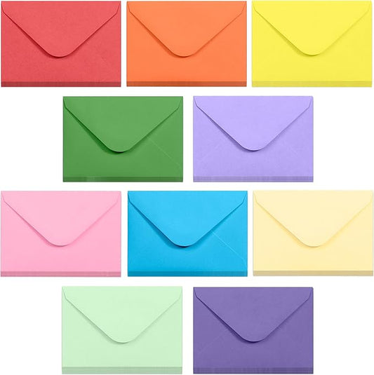 Gift Card Envelopes - Gummed 100-Count Mini Envelopes, Paper Business Card Envelopes, Bulk Tiny Envelope Pockets for Small Note Cards, 10 Colors, 4 x 2.7 Inches
