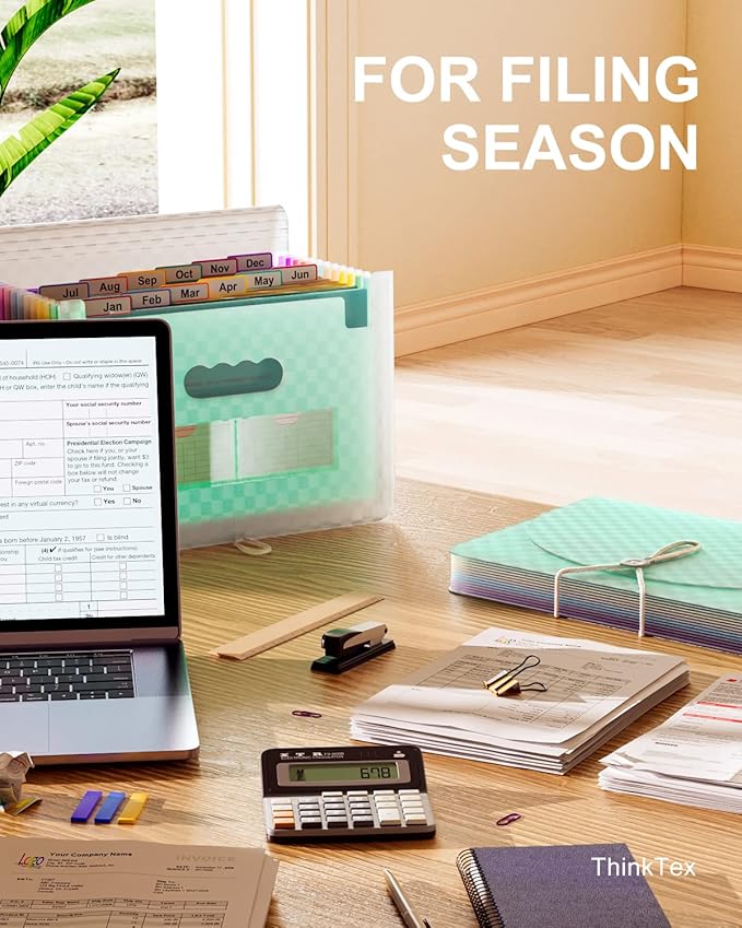 ThinkTex Accordian File Organizer, 12 Pockets Expanding File Folders, Portable Monthly Bill Receipt Organizer, Colorful Tabs, Letter/A4 Size - Green
