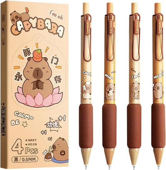 4 Pcs Cute Retractable Pens Cartoon Capybara Pen 0.5mm Black Ink Pen Soft Grip Writing Pens Gel Ink Pens Aesthetic Pens Office School Supplies for Girls Boys Women Men (Capybara)