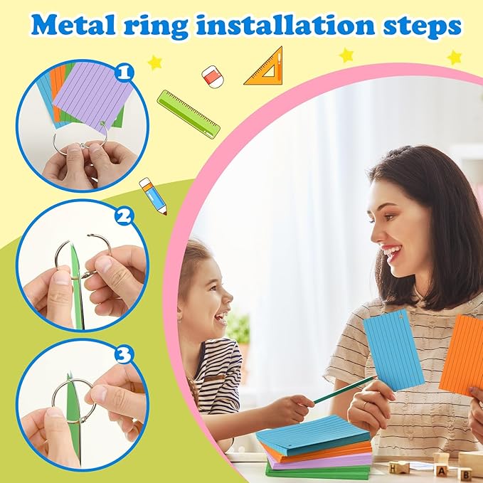 Colored Index Cards 3x5 Inches Flash Cards with Ring Lined Flashcards Heavy Note Cards for Studying School Supplies College, 200 Count