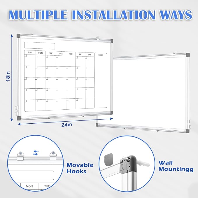 Monthly Calendar Dry Erase Whiteboard for Wall, 24" x 18" Magnetic Calendar White Board, Double-Sided Portable Board for Office, Kitchen, School, Home