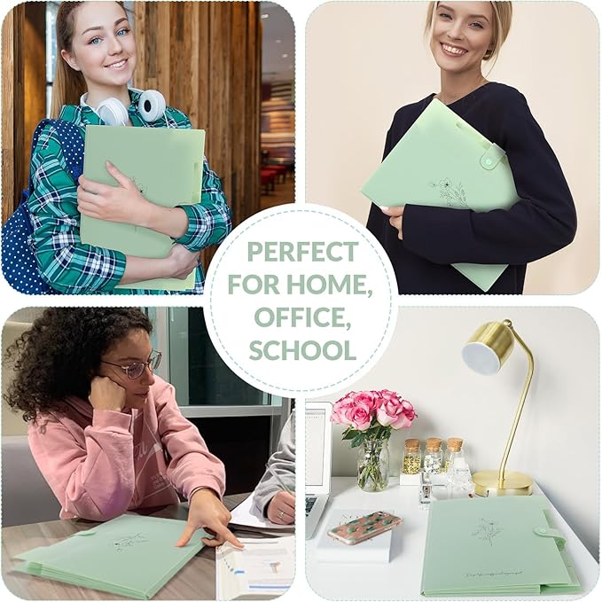 SKYDUE Expanding File Folder with 5 Pockets, Aesthetic Accordion File Organizer, Portable Document Paper Bill Receipt Organizer, School Office Supplies, Letter/A4 Size, (1, Pea Green)