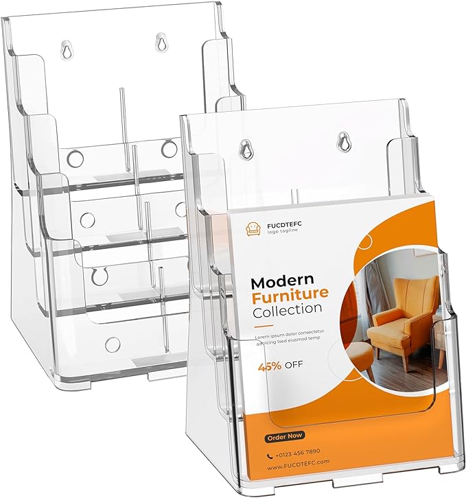 2 Pack Acrylic Brochure Holder 8.5x11 & 4 x9 Inches, Clear 4 Tier Magazine Holder Brochure Display Stand w Removable Divider, Literature Pamphlet Flyer Holder for Wall Mount or Countertop