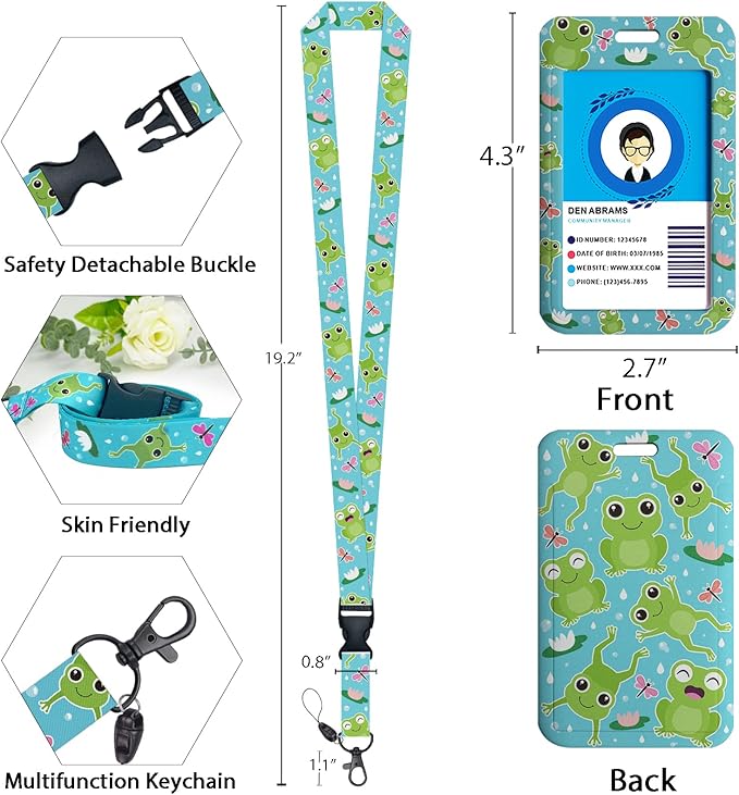 Frog Lanyards for Id Badges, Cute Badge Reel Heavy Duty with Carabiner Clip, Fashionable ID Badge Holder with Breakaway Lanyard, Teacher Nurse Office Christmas Gifts