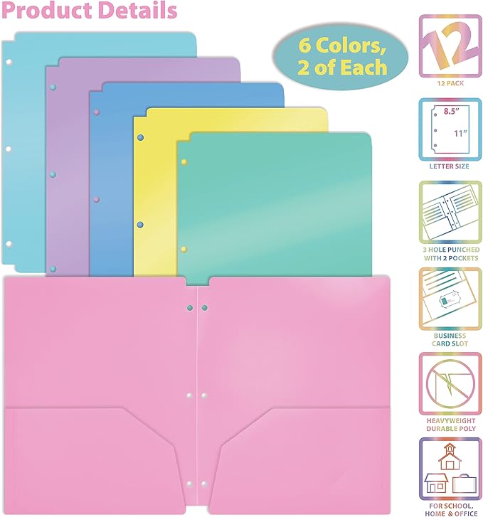 Better Office Products 3 Hole Punch Pocket Folders, Bulk Pack, Sturdy Plastic 2 Pocket Folders, Assorted Pastel Colors, Letter Size, with Business Card Slot,(12 Pack)