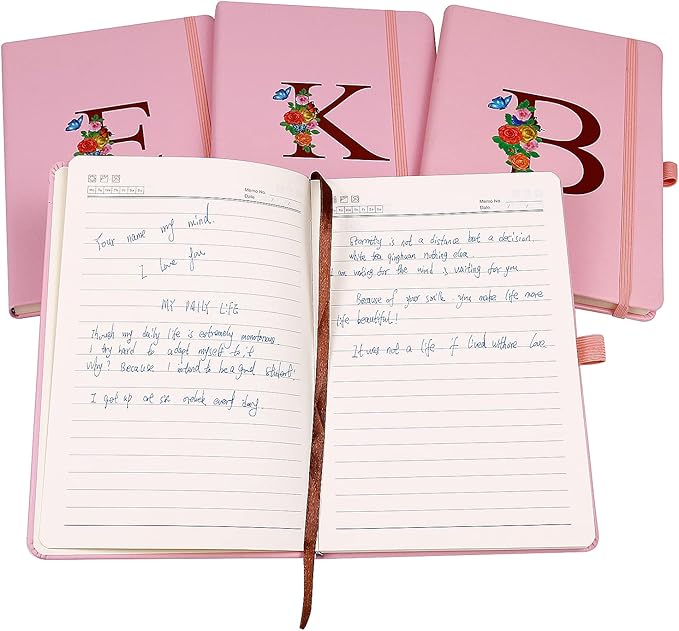 Pink Notebook for Women, 5.7"X8.3" A5 Journal Notebook with Letter V, Dual-Sided Writing Notebook with Dividers, Cute Leather Journal for Work, Business, School, Meetings, Travelers, Small Notebook