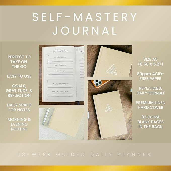 Self-Mastery Journal for Men - Gratitude Journal – 5 Minute Journal - Reflection Manifestation Journal for Mindfulness – Goal/Guided Gratitude Journal for Women & Men (Cream, Self Care Journal)