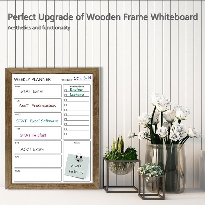 Dry Erase White Board Weekly Calendar Board, Magnetic Whiteboard for Wall,13“x17 Solid Wood Rustic Brown Framed Message Board, Planner Board for Office, Home, School(Weekly-BB-RB-3343)