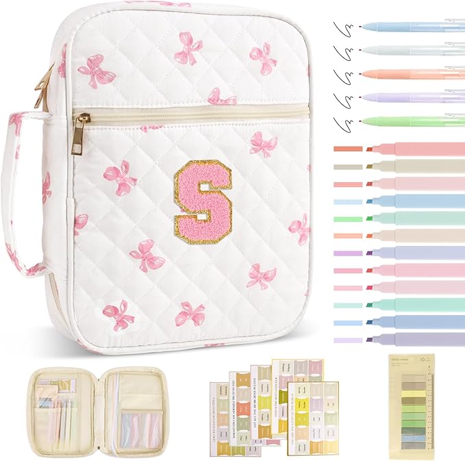 Personalized Initial Bible Cover Case for Women Girls Kid - Large Quilted Bible Case with Handle, Stylish Chenille Letter Bag Study Supplies, Perfect Christmas Gifts for Christians Women (Pink Bow-S)