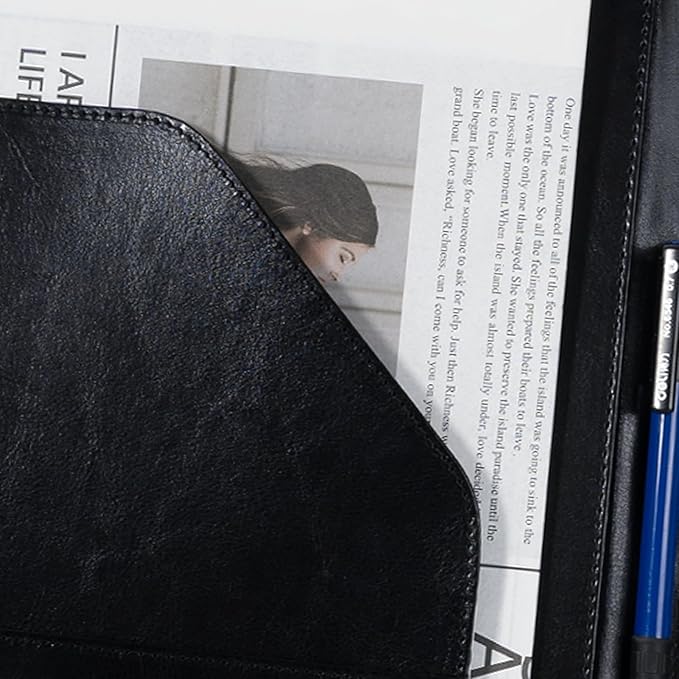 Clipboard Portfolio Meeting Record Manual Faux Leather Storage Clipboard with Cover for Size A4 Writing Pad,Phone Pocket & Business Card Holder, Used for Business Office,Meeting etc. (Black)