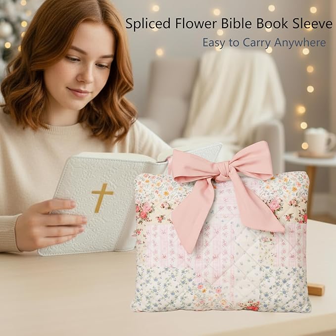Honoson Quilted Bow Bible Sleeve Book Cover Case Padded Protector Washable Bible Bag Pouch Christian Gift for Women Girls Book Lover Gifts(Assorted Floral)