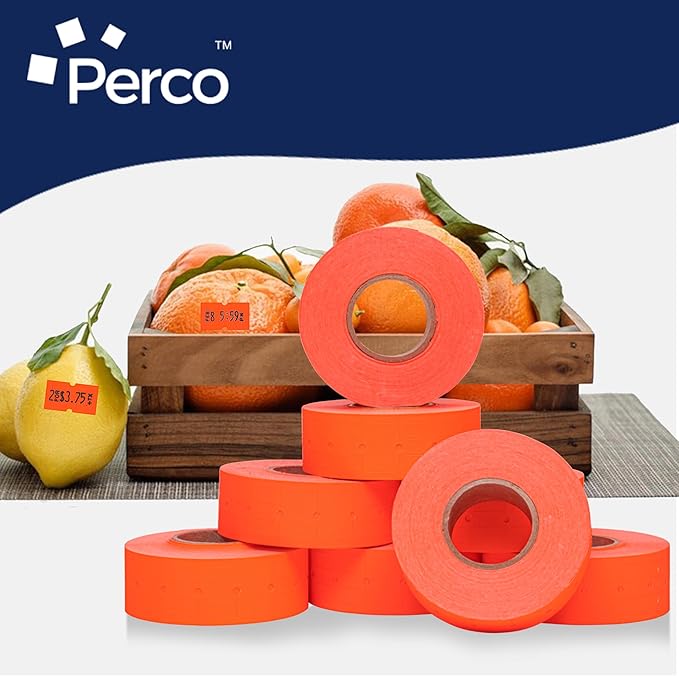 Perco 1 Line Fluorescent Red Labels - 8 Rolls, 1 Sleeve, 8,000 Blank Price and Date Gun Labels for Perco 1 Line Price and Date Guns - Made in USA