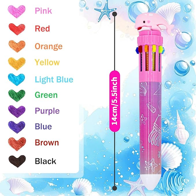 Multicolor Ballpoint Pen 0.7 mm, 10-in-1 Colored Pens Fine Point Retractable Cute Cartoon Ocean Animal Ballpoint Pens for School Supplies Students Kids Gifts, 6 Pack