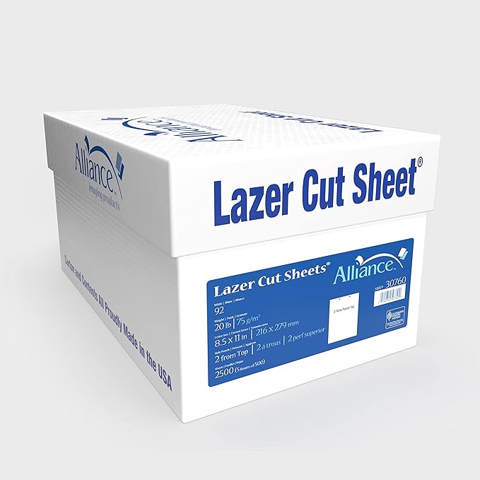 Prepunched Paper Alliance Laser Cut Sheet 2 Hole Top Punch 8.5 x 11 inch, 20 lb, 92 Bright, 2500 Sheets