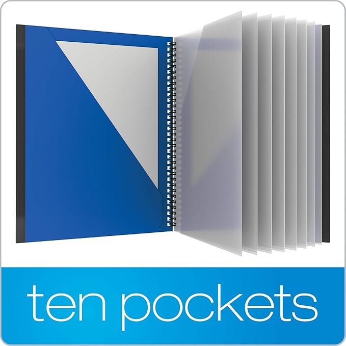 Oxford 10 Pocket Folder, Plastic Spiral Portfolio, Folder for School and Office, Multi-Pocket Paper Organizer, Anti-Tear Edges, 8 Clear Pockets, 2 Diagonal Interior Pockets, Letter Size, Blue (89331)