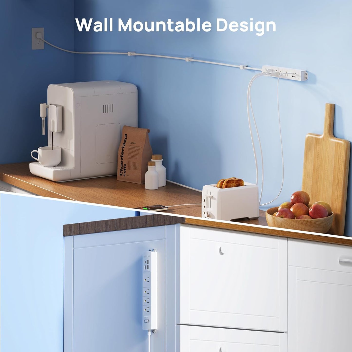 TROND Surge Protector Power Strip with USB, Ultra Thin Flat Plug 3ft Extension Cord 1625W, 3 USB A & 1 Type C, 4 AC Outlets 1440J Surge Protection ETL Listed, Wall Mount for Home Office Dorm, White