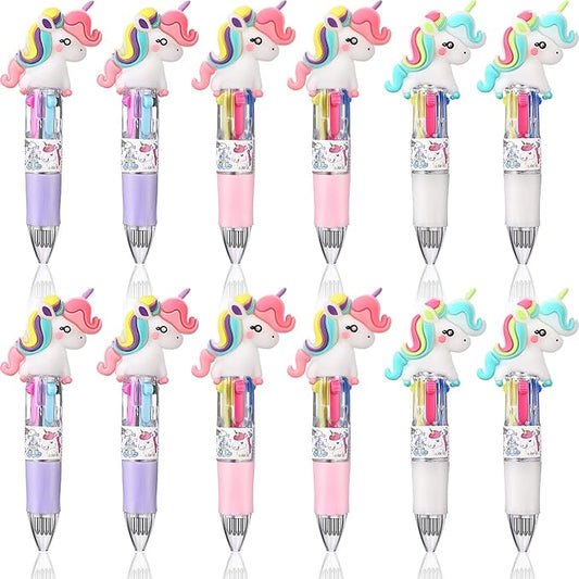 Chinco 12 Pieces Retractable Unicorn Pens 4-in-1 Multicolor Ballpoint Pen Unicorn Candy Party Favor Colored Ink Mini Party Favors for Girls Kids Classroom Prizes Birthday Gifts(Curly Hair Unicorn)