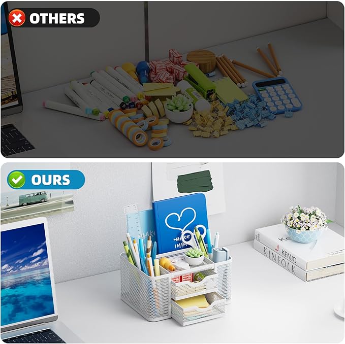Marbrasse Mesh Desk Organizer, Pen Organizer with 2 Drawer, Multi-Functional Pencil Holder for Desk, Desk Organizers and Accessories with 5 Compartments + Drawer for Office Art Supplies (White)