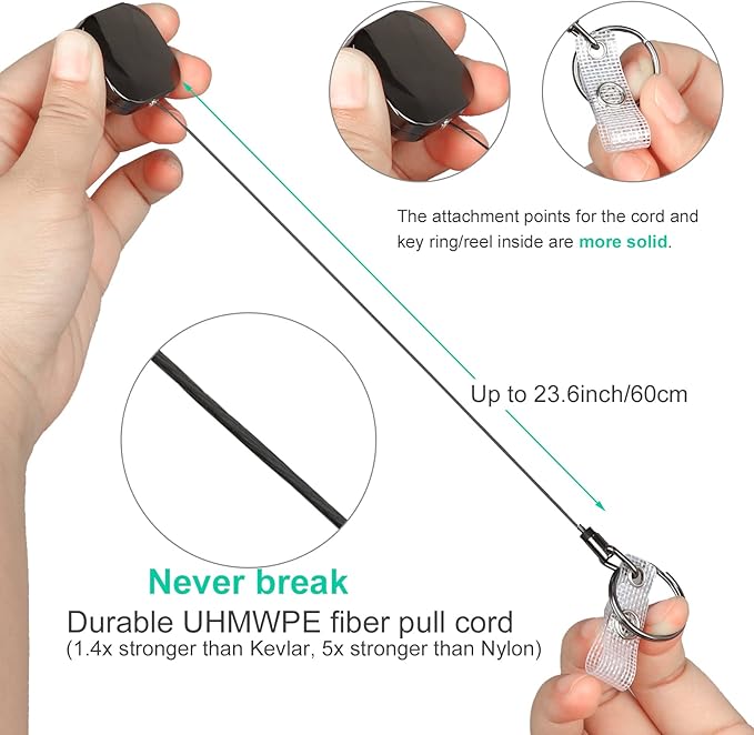 Will Well ID Badge Holder Reel with Clip and Keyring - Heavy-Duty All-Metal Casing with 23.6" UHMWPE Fiber Pull Cord for Easy Access, Holds up to 8 Keys - 2-Pack, Small Square, Glossy Black