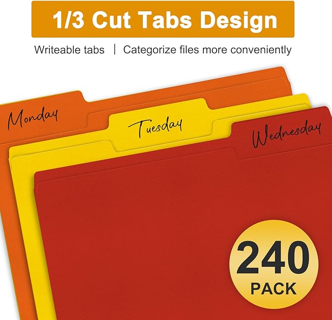 ViVin File Folders, Fits 8.5 x 11 Letter Size Paper, 1/3-Cut Tabs, 240 Pack Manilla Colored File Folders, Perfect for Home, Office, and School Documents File Paper(Multicolored)