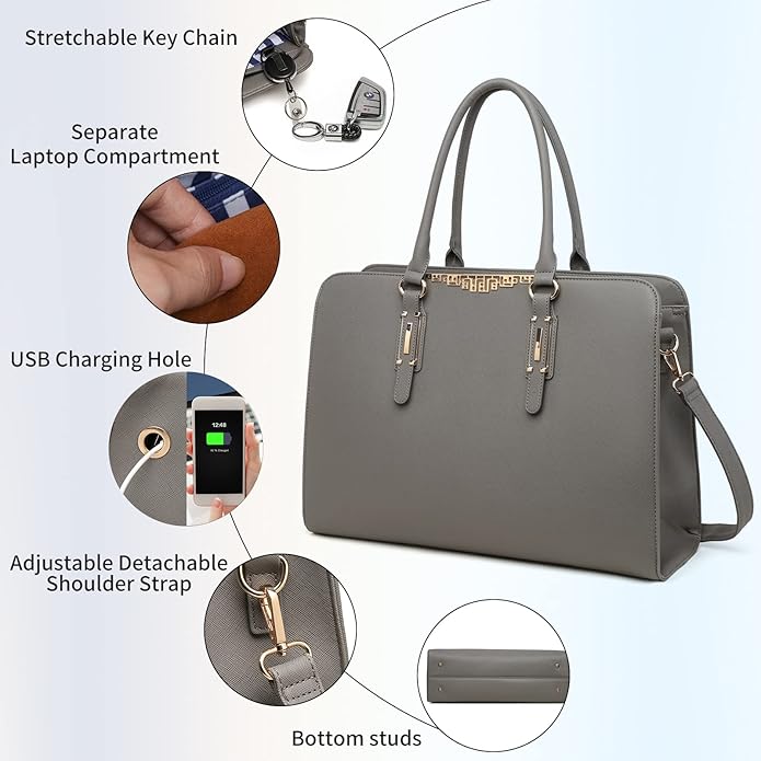 Keyli 4pc Sets Laptop Bag for Women Large Leather Laptop Briefcase with USB Charging Port Computer Shoulder tote Bags Purse