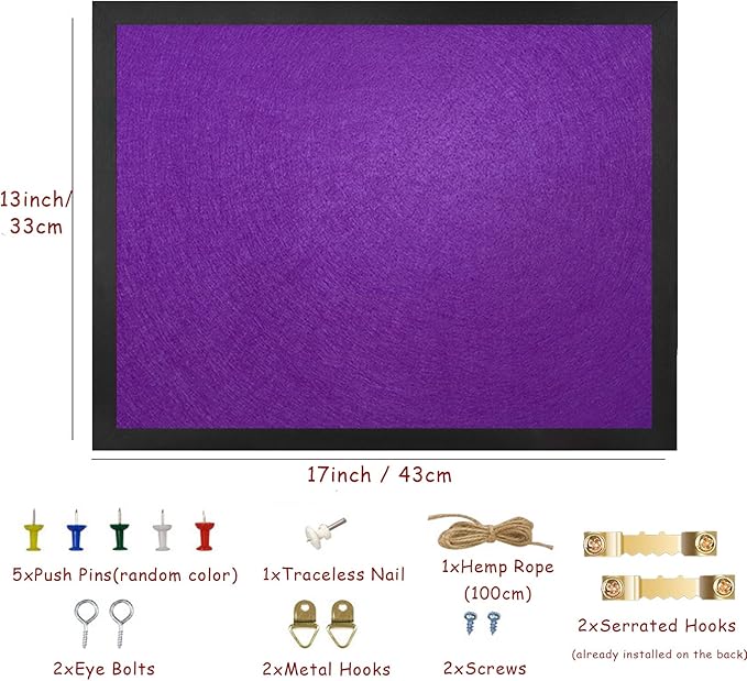 Bulletin Boards Cork Board with Felt, 17"x13" Small Display Pin Board Vision Board for Walls, Jewelry, Notes, Collection, Photos, Office, Wood Framed(Black) & Felt(Purple), 2pc