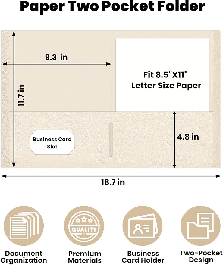 SUNEE Folders with Pockets (25 Pack, Warm Beige), 2 Pocket Folders Fit Letter Size Paper, Paper File Folder for School Office Home Business, Textured Paper