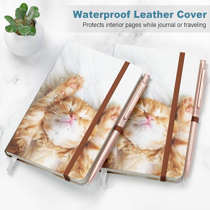 Small Notebook, Mini Pocket Journal A6 5.7" x 3.9", Leather Hardcover Journal with Pen Holder, 160 Thick Papers, Cute Lined Notebook Small Notepad for Women Writing Work Travel, Cute Kitten