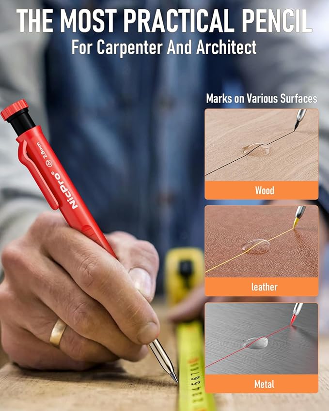 Nicpro 15 Pack Carpenter Pencil Set with Sharpener, Mechanical Carpenter Pencils with 40 Refill, Automatic Center Punch and Carbide Scribe Tool, Heavy Duty Construction Pencil for Architect-With Case