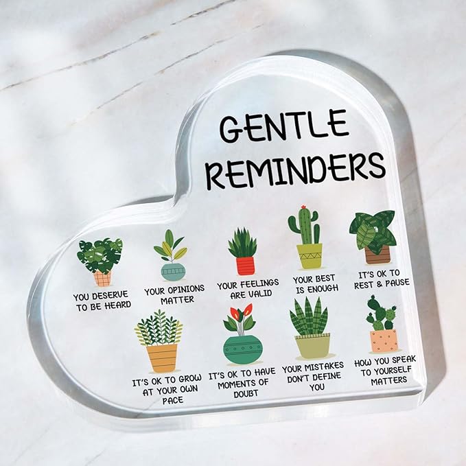 Gentle Reminders Positive Affirmations Decor - Desktop Art for Home & Therapy Office, Mental Health Awareness Gifts, Heart Acrylic Sign