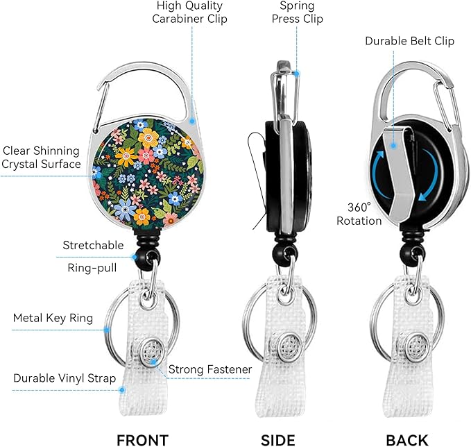 Flowers Badge Holder with Retractable Reel and Breakaway Lanyard，Badge Clips Retractable Heavy Duty Badge Reel，Funny Keychain，ID Holder with Breakaway Lanyard for School Nurse Office Teen