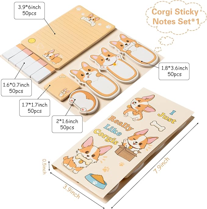 I Just Really Like Corgis Sticky Notes Set, 550 Sheets, Cute Cartoon Corgis Butt Self-Stick Notes Pads Animal Divider Tabs Bundle Writing Memo Pads Back to School Office Supplies Small Gift