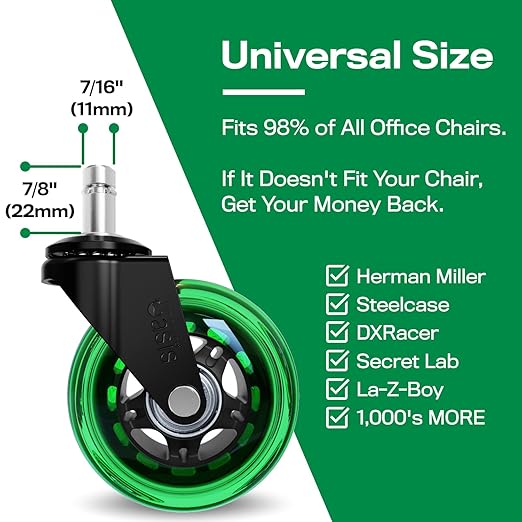 The Original Roller Blade Office Chair Wheels (As Seen On PBS) - Incredibly Smooth & Quiet Rolling Casters - Safe for Hardwood Floors & Carpet - Easy Installation with Universal Fit - Set of 5 - Green