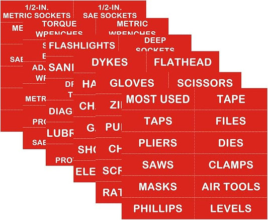 Tool Box Organization Magnetic Labels,Tool Chest Organizer Labels with Strong Magnets,Easy to Read Printing - Fits All Brands of Steel Tool Box Drawers,Red-(72 Pcs, 4 x 1 Inches)