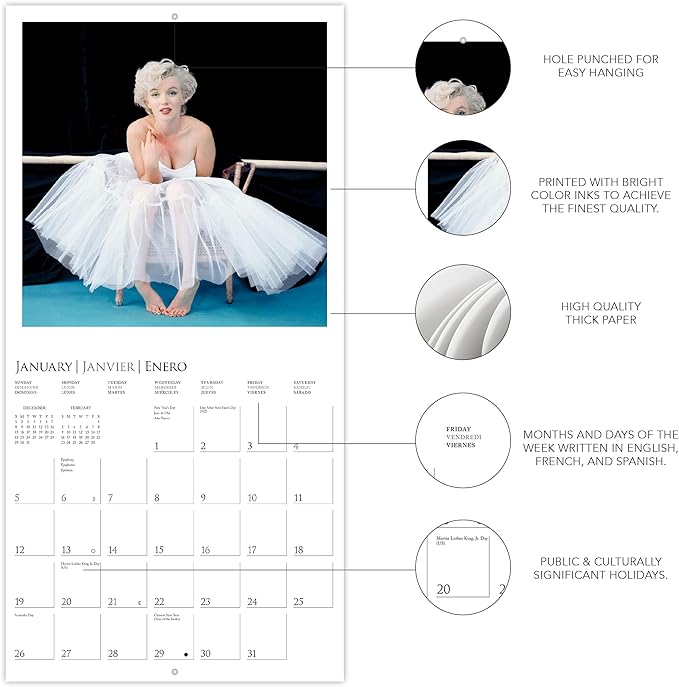Graphique 2025 Marilyn Monroe Wall Calendar | 12” x 12” | Thick Paper | Home & Office Organizer | Large Monthly Grid | 3 Languages & Marked Holidays | 4 Month Preview Page for 2026