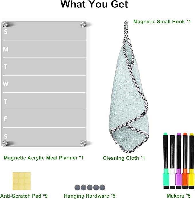 Acrylic Magnetic Meal Planner for Refrigerator Magnetic Menu Board for Kitchen Fridge Clear Weekly Calendar Planning Board Noteboard Acrylic Dry Erase Board to Do/Grocery/Shopping List 12"X8"