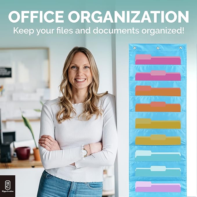 Hippo Creation Storage Pocket Chart for Classroom, 10 Pocket Storage Organizer with 3 Over-Door Hangers, Hanging Wall Organizer for File Folders, School Mailbox, Home Office Papers - Clear Blue